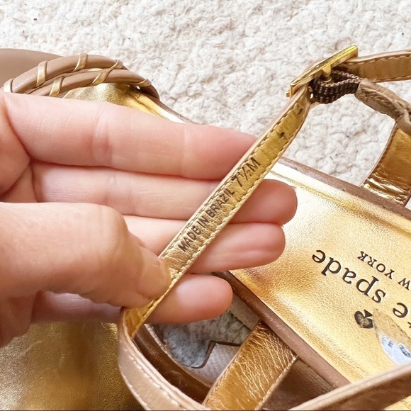 Kate Spade Tan Metallic Gold Straw Block Platform Wedge Sandals Size 7.5 - Picture 10 of 11